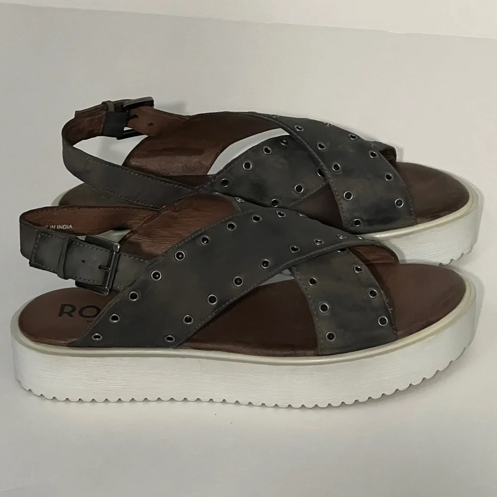 Bed Stu Roan Hali Platform Sandals, size 8.5. Grey  Leather heel strap grommets